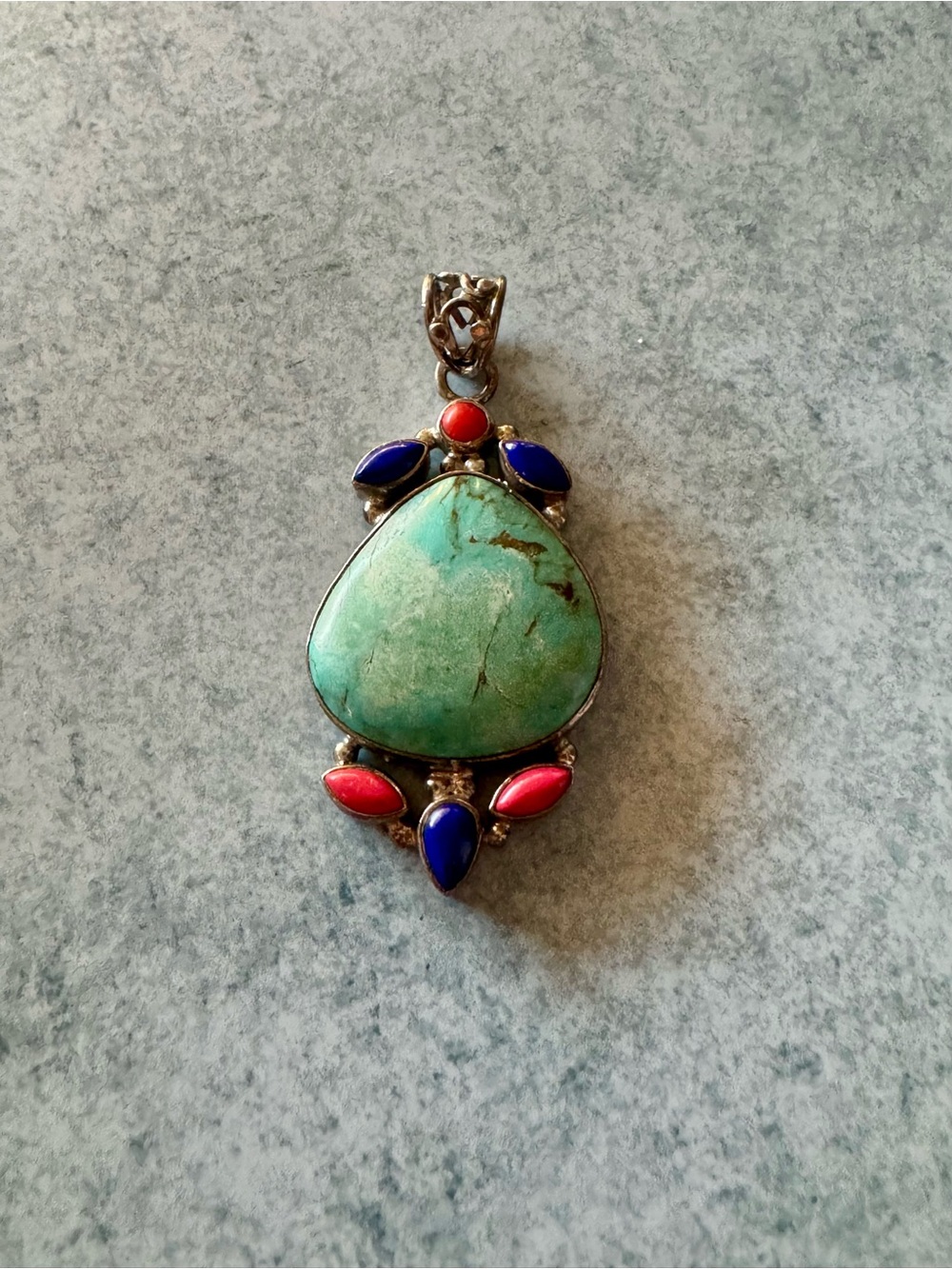 Sterling Silver Turquoise Pendant with Blue Lapis and Red Coral Accents